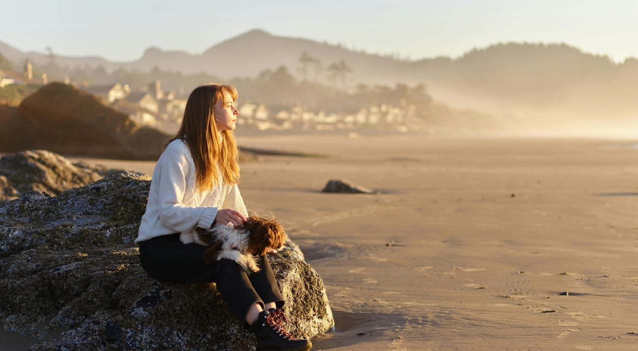 Woman and her dog sitting on a rock at a beach watching the sunrise